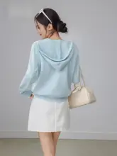 レース付きフードニットカーディガン【ブルー・春季用・女性用・優しいデザイン】