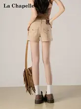 カキ色デニムショートパンツ【レディース・薄手・ハイウエスト・スリムフィット・Aライン】