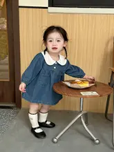 可愛いデザインの長袖デニムワンピース【ダッフルカラー・ルーズフィット・子供用】