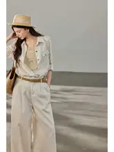 春用工装スタイル 豊かなコットンリネン素材シャツ＆ロングパンツ（セットアップ対応）