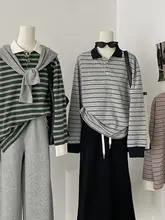 学院風ポロ襟秋用長袖Tシャツ【横縞・体型カバー・ゆったりデザイン】