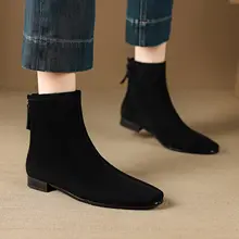 スエード羊皮の低ヒールショートブーツ【女性用・ブラック・シンプルデザイン・秋冬用】