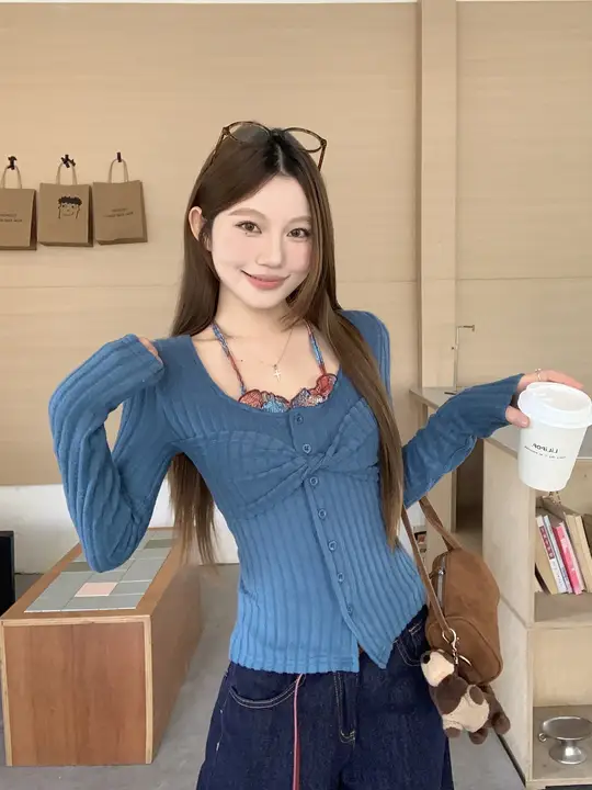 扭結デザインの長袖Tシャツ【夏用・フィット感・ハイネック・スリーブレスタイプ】（セットアップ対応）
