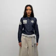 ヴィンテージ風アメリカンストリートスタイル 刺繍デニムシャツ【長袖・スリムフィット・上質な天絲】