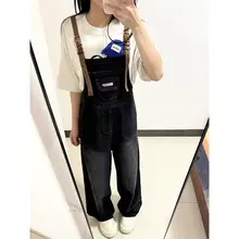 美式ヴィンテージ風 ブラックデニムサロペットパンツ【フィット・工事現場スタイル・女性用】（セットアップ対応）