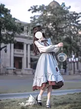 ロリータ風 アリスデザインの学院風ワンピース【優雅なレイヤード・青茶白】