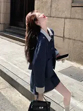 深い青の学院風ジャケット付きミニスカート【軽やかでフレンチスタイル・秋用・小柄向け】（セットアップ対応）