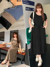 大きいサイズ レディース 韓国風 ラウンドネック ワンピース【春夏用・ゆったり・ウエスト絞り・カジュアルロングドレス】