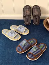 スリッパ レディース コットンリネン 細ストライプ ハート刺繍 ワンストラップ 吸汗 滑り止め 室内用 カジュアル 春夏