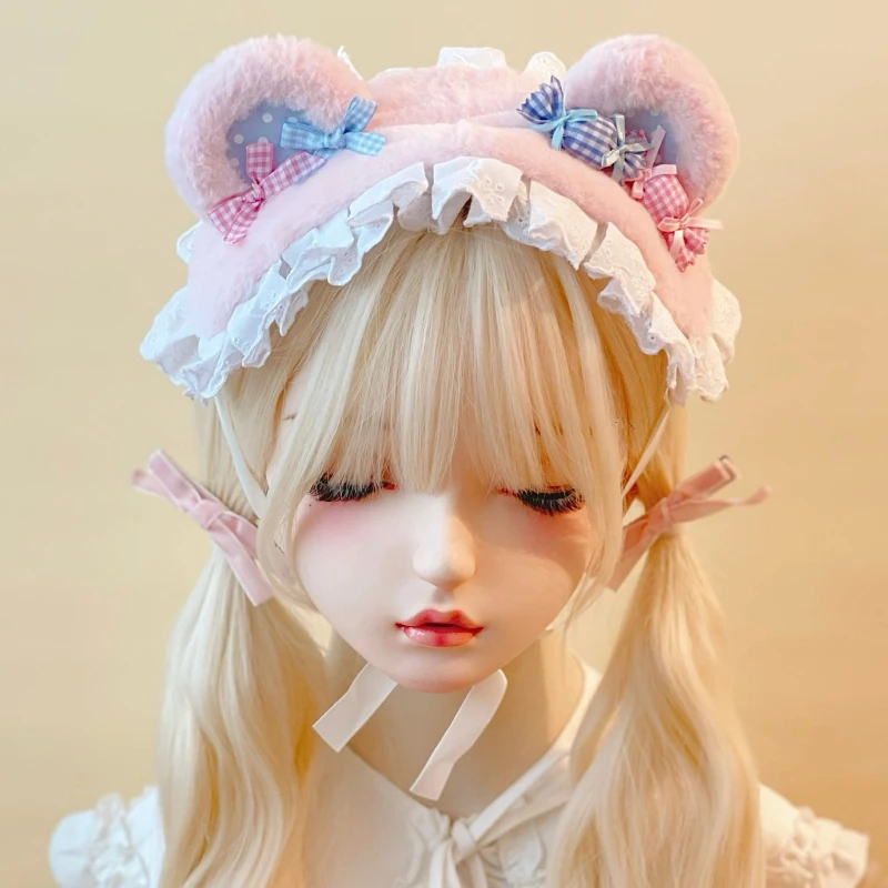 本守造手作りファー小熊デザインヘアバンド：パステルカラーで女性に人気のプレゼントアイテム