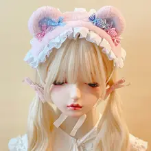 本守造 手作りファー小熊デザインヘアバンド【獣耳・レースフリル・パステルピンクブルー】