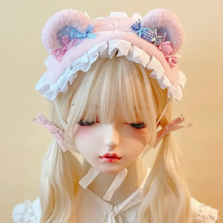 本守造 手作りファー小熊デザインヘアバンド【獣耳・レースフリル・パステルピンクブルー】