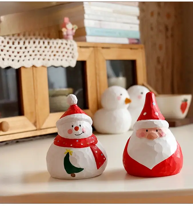クリスマス サンタクロースと雪だるまとアヒルの木彫り飾り【手作り・可愛いインテリア装飾】
