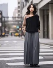 グレーのハイウエストAラインスカートパンツ【秋用・小柄向け・ゆったりシルエット】（セットアップ対応）