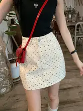 杏色ドット柄デニムハイウエストスカート【Aライン・タイトフィット・春用】（セットアップ対応）