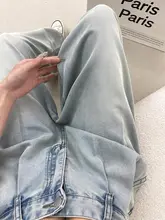 薄手コットンデニムストレートパンツ【高腰・ワイドレッグ・ルーズフィット】