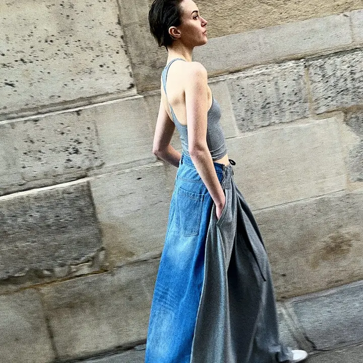 デザイン性の高いおしゃれなウエストゴムデニムパンツ【バイカラー・フィット感抜群・マキシ丈】（セットアップ対応）