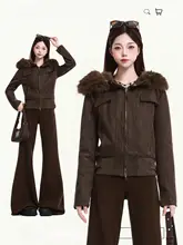 レトロフリースファー付きフードジャケット【女性用・短丈・秋冬用・ライダーススタイル】