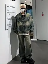 アメリカンスタイルのヴィンテージ風デニムジャケットとストレートパンツ（セットアップ対応）