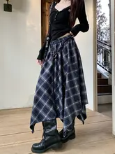 レトロカフェカラー不規則チェック柄ハイウエストAラインスカート【秋用・フレアデザイン・ミドル丈】（セットアップ対応）