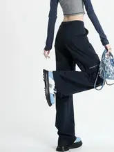 ドローストリング付きカーゴストレートデニムパンツ【ハイウエスト・ワイドレッグ・スリム効果】