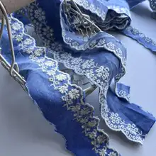 純綿デニムブルー花型刺繍レース【小さなデイジー刺繍】
