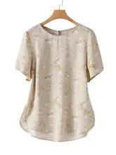 杭州製真丝 夏用プリントTシャツ【女性用・丸首・短袖】