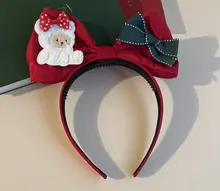手作り大きなリボンヘッドバンド【クリスマス風・クマデザイン・赤】