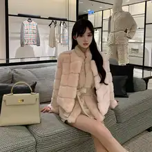 酒渍桃子カラーの獭兔ファーコート【女性用・フード付き】