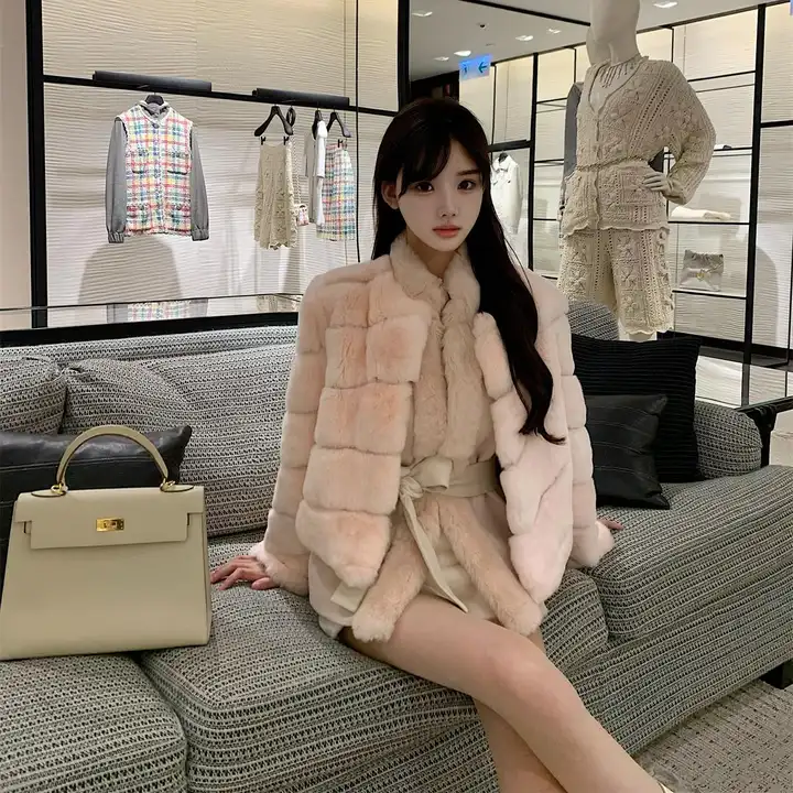 酒渍桃子カラーの獭兔ファーコート【女性用・フード付き】