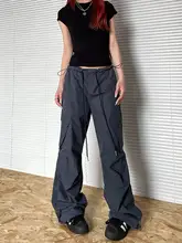 上品な霧がかった青のワイドレッグカーゴパンツ【レトロストリートスタイル・ゆったりシルエット】（セットアップ対応）