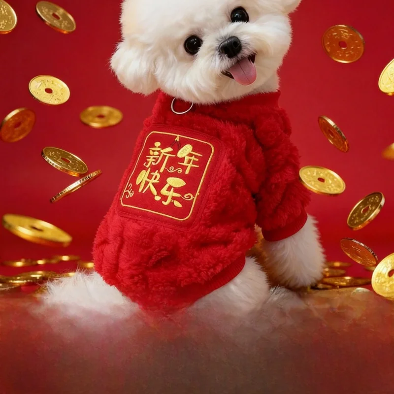冬用犬用赤色祝い衣装：新年シーズンに最適な保温フリースジャケット