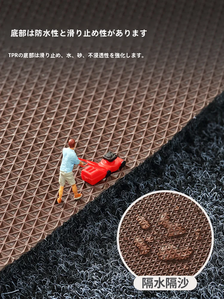 シンプルなデザインのブルーの玄関マット：防滑・吸水・耐汚れ機能の実際のサイズと使用シーン