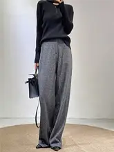 秋冬用ウールグレー女性用ワイドパンツ【厚手・ストレート・カジュアル】（セットアップ対応）