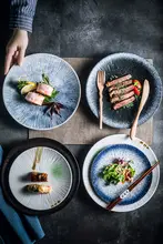 高級陶器製 プレート【牛排用・和風デザイン・美しい釉下彩】