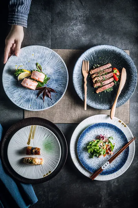 高級陶器製 プレート【牛排用・和風デザイン・美しい釉下彩】