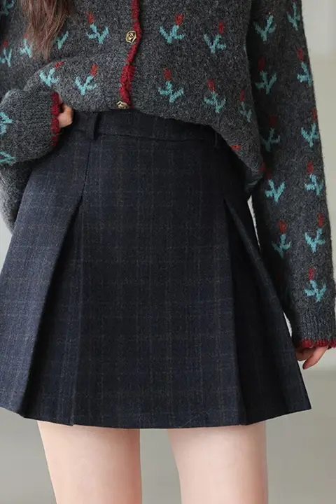 高腰チェックプリーツスカート【女性用・ショート丈・Z字デザイン・小柄対応】（セットアップ対応）