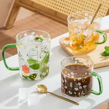 大容量のガラス製水杯【花柄・デザインカップ・刻み目付き】