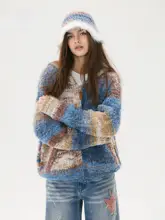 青色油絵風グラデーションストライプの編み針フィッシャーハット【毛糸フリンジ付き・女性用】