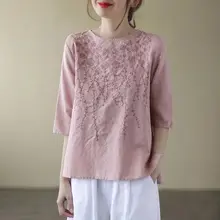 フランス風レトロコットンリネン短袖Tシャツ【重工刺繍・大きいサイズ・夏用】