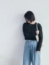 肌理感のあるコットンニット長袖トップス【カジュアル・ルーズフィット・黒】