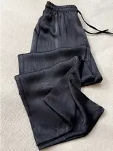 サテン風アセテート黒のパンツ【ウエストゴム・ドローコード・ワイドレッグ】