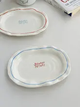 韓国風のスプレーアートデザイン 陶器の楕円皿【不規則な形・朝食やおやつに最適】