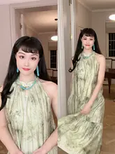 天然緑松石ビーズのロングネックレス【フレンチスタイル・新中華風デザイン】