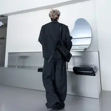 上質な仕立てのラウンドネックビーズ付き粗紡ウール仕立てジャケット【男女兼用・カジュアルパンツ・秋用】（セットアップ対応）