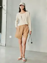 涼感のある抽象ショートパンツ【アセテートリネン混紡・ドローストリング・ブラウン】（セットアップ対応）