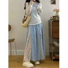 レースボーダー付きチェック柄ロングスカート【女性用・体型カバー・エレガントデザイン】（セットアップ対応）