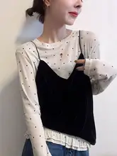 ドット柄長袖Tシャツ【レディース・シルクベルベット・キャミソール付き・春用】（セットアップ対応）