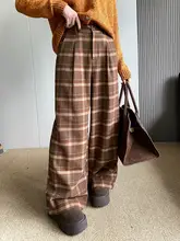 ヴィンテージ風チェックデザインのウールワイドパンツ【ハイウエスト・スリ  ム効果・ロング丈】（セットアップ対応）