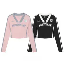アメリカンレトロカラーVネック長袖Tシャツ【ショート丈・フィットデザイン・クロップド・スポーツスタイル】